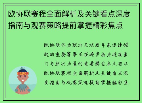 欧协联赛程全面解析及关键看点深度指南与观赛策略提前掌握精彩焦点